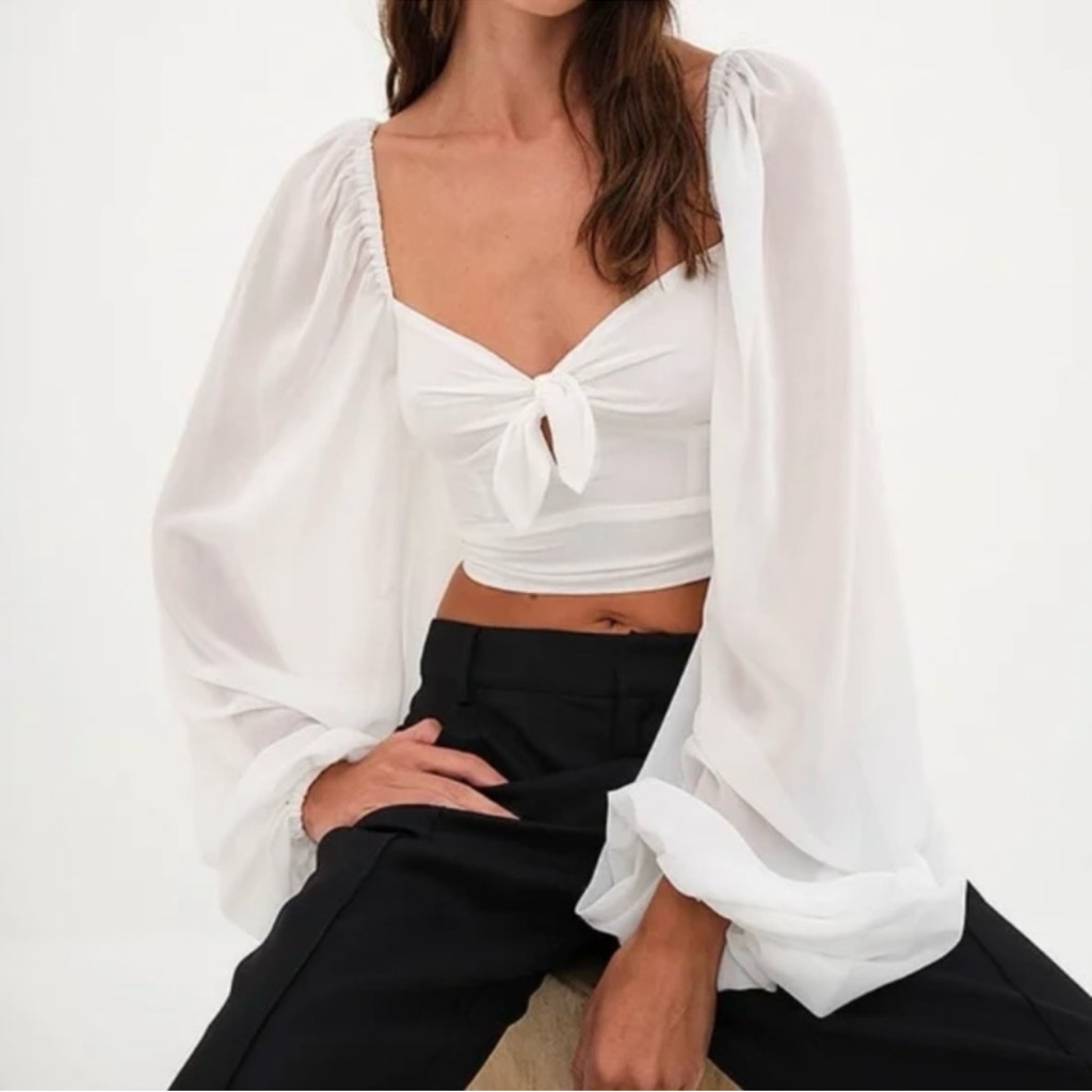 For Love & Lemons Trisha Crop Top White Sheer Blouson Long Sleeve Blouse - S